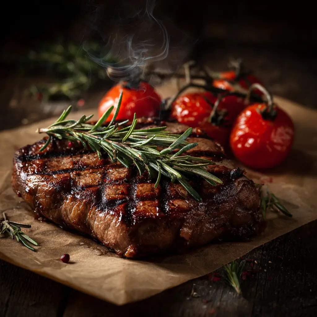 zimalemo a portrait of grilled steak rosemary sprig smoke tomat